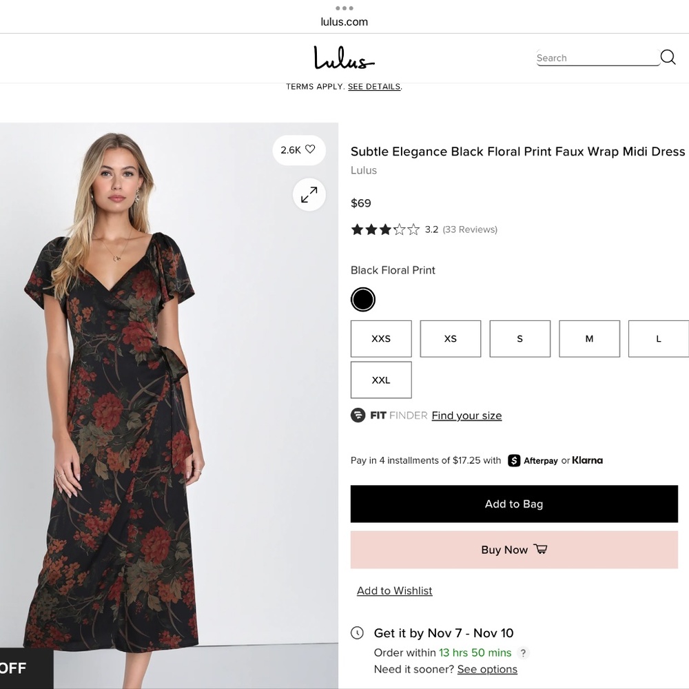 Elegance Subtle Black Floral Print Faux Wrap Midi Dress TAGS